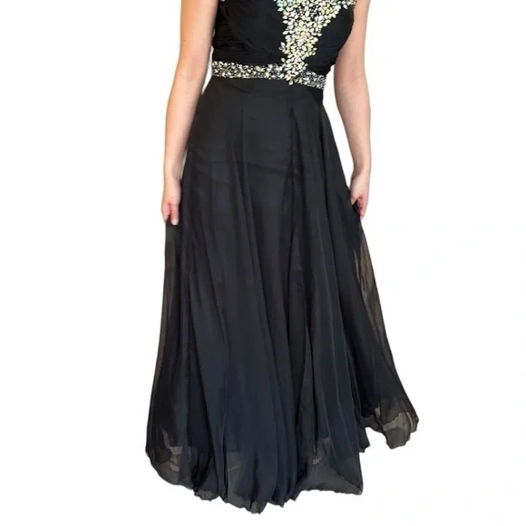 ✨Host Pick✨ BLACK CHIFFON PROM FORMAL EVENING GOWN WITH RHINESTONE ACCENTS 4 - Picture 10 of 16